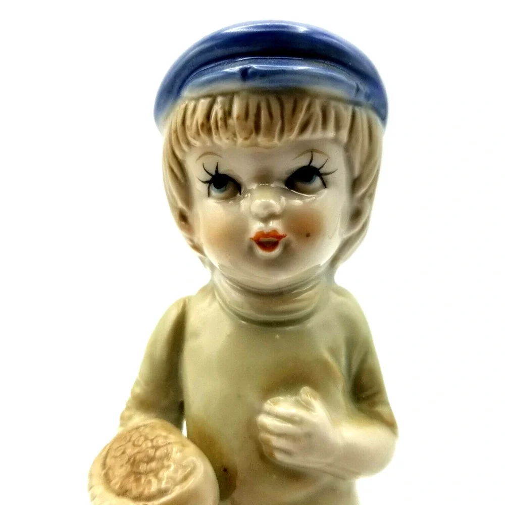 Vintage Porcelain Figurine Boy with Goose Blue Cap 5.5